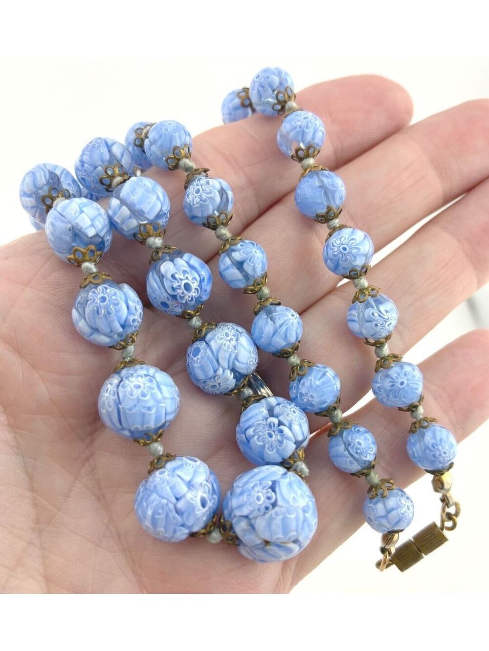 Vintage Blue Millefiori Venetian Textured Graduated Glass Bead 24" Necklace - Picture 9 of 12